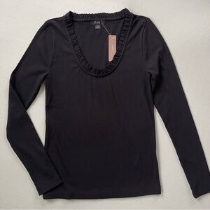 J. Crew Black Ruffled Scoop Neck Long Sleeve Top NWT